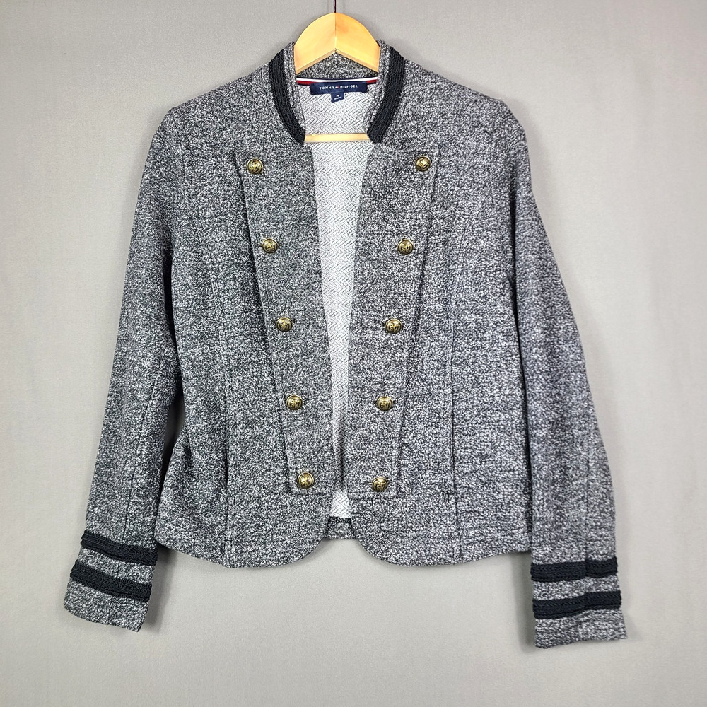 Tommy Hilfiger Open Front Band Jacket Military Edgy Blazer Marled Gray Size M
